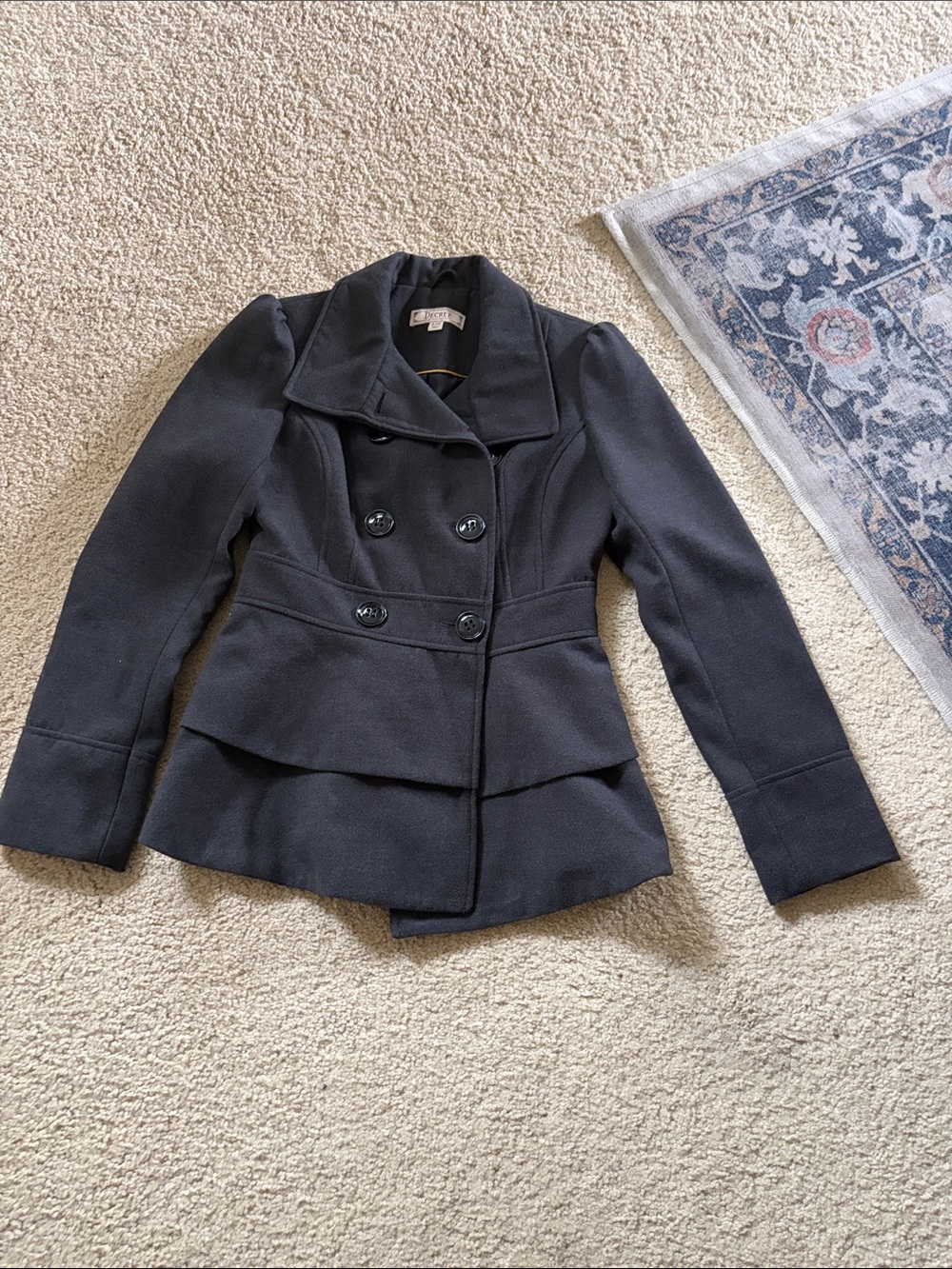 Decree Dark Charcoal Double-Breasted Peplum Pea Coat